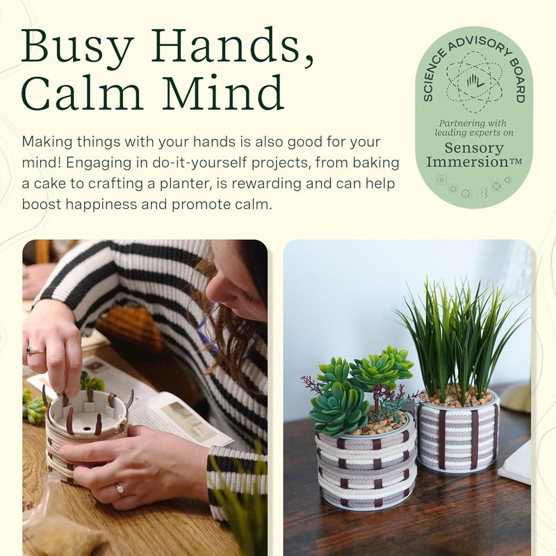 LifeLines FlowCrafts, Cord-Wrapped Planters - Create 2 Unique Planters with Cords in Multi-Colors, Leather Accents, Faux Plant Stems & Decorative Stones - Sensory Arts & Crafts Kit for Teens & Adults - Image 5